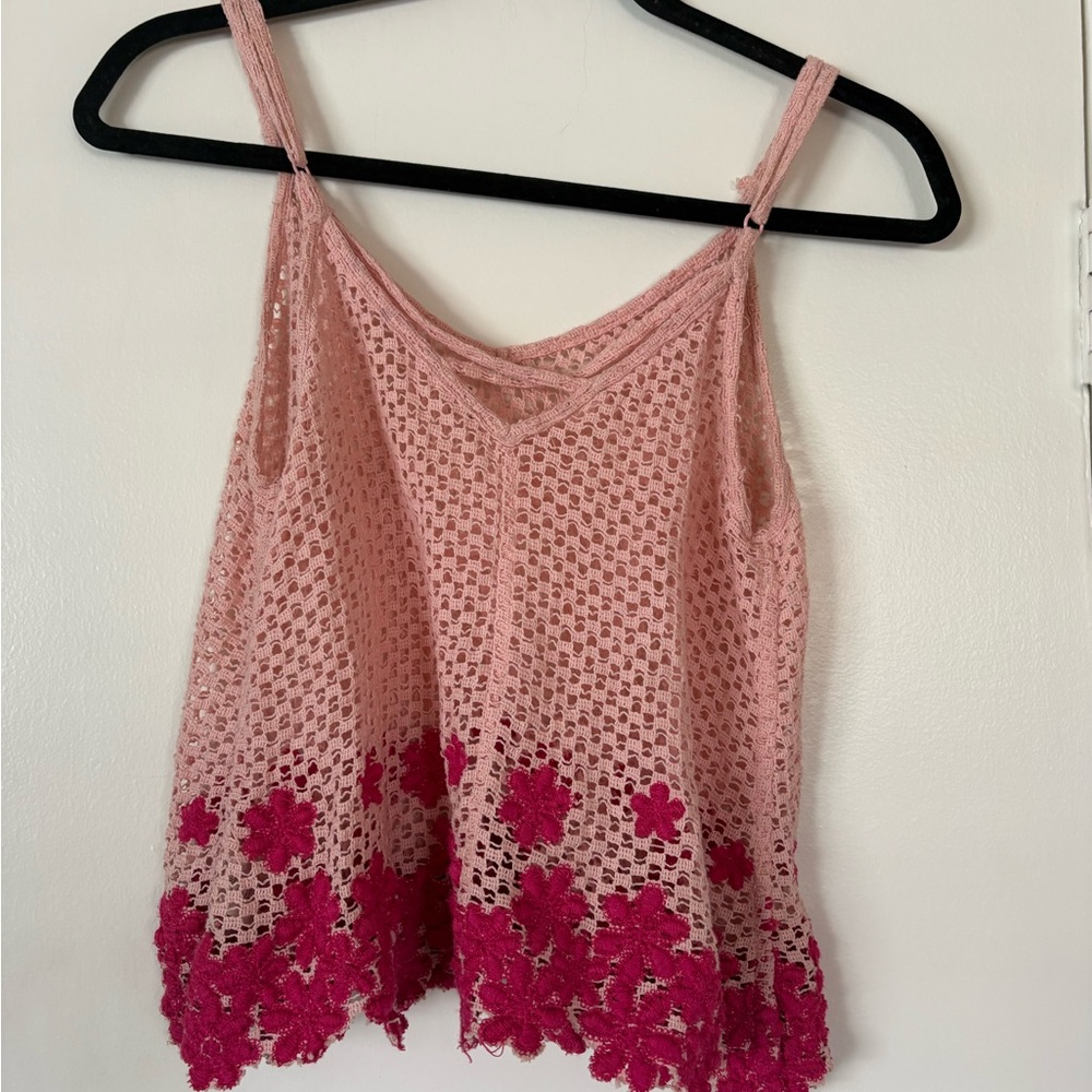 Free People Blush Pink Crochet Camisole with Bright Pink Floral Hem Size M - Picture 4 of 4